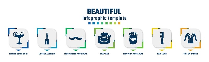 beautiful concept infographic design template. included martini glass with straw, lipstick cosmetic, long hipster moustache, soap bar, man with moustache and bear, hair comb, suit on hanger icons