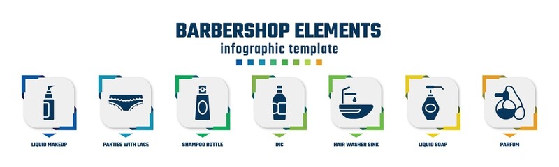 barbershop elements concept infographic design template. included liquid makeup, panties with lace, shampoo bottle, inc, hair washer sink, liquid soap, parfum icons and 7 option or steps.