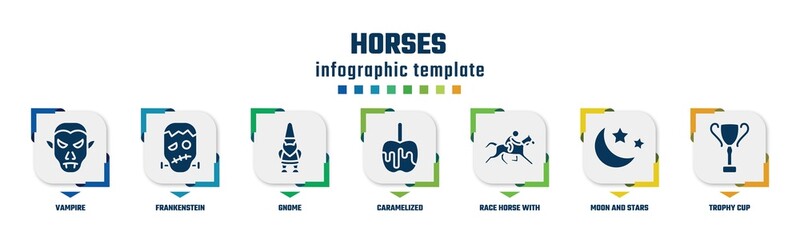 horses concept infographic design template. included vampire, frankenstein, gnome, caramelized, race horse with jockey, moon and stars, trophy cup icons and 7 option or steps.