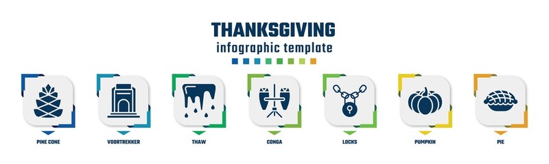 thanksgiving concept infographic design template. included pine cone, voortrekker, thaw, conga, locks, pumpkin, pie icons and 7 option or steps.
