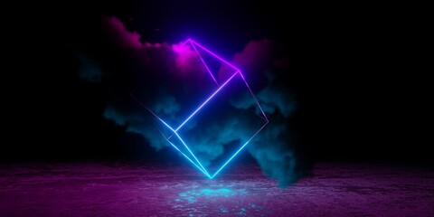 Abstract cyan blue and pink neon glowing wireframe cube with large smoke cloud and shiny floor