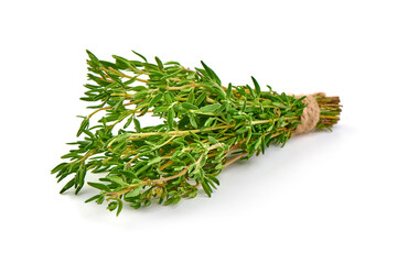 Fresh thyme sprigs, spice, close-up, isolated on white background.