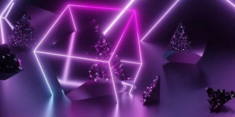 Fotobehang Blue and violet glowing neon wireframe cube with broken chrome cubes abstract fantasy background © Shawn Hempel