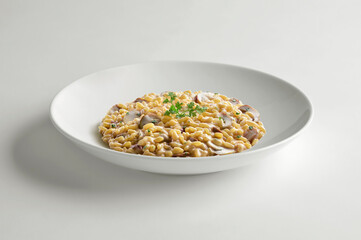 White bowl with porcini mushroom risotto and parsley leaves