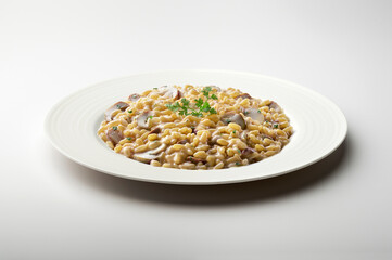 White dinner plate with porcini mushroom risotto and parsley leaves