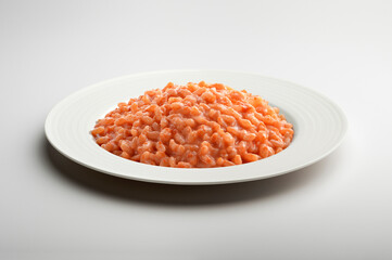 White dinner plate with tomato risotto