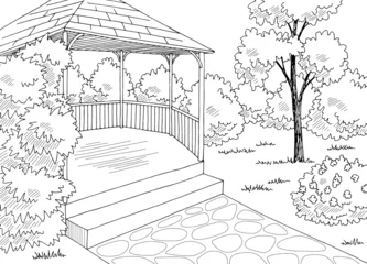 Rolgordijnen Gazebo garden modern graphic black white architect landscape sketch illustration vector  © aluna1