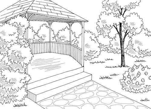 Gazebo Garden Modern Graphic Black White Architect Landscape Sketch Illustration Vector 