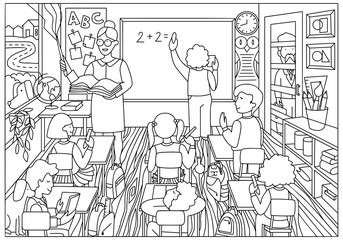 Obraz premium Teacher with children in class. Coloring page. Lesson in school classroom. Coloring book sketch vector illustration. Funny cartoon character. Worksheet. 