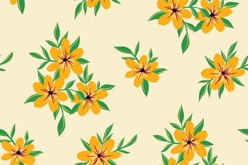 Fototapeta na wymiar Seamless floral pattern with simple flowers composition in rustic style. Cute ditsy print, botanical background with small yellow flowers, green leaves on a light surface. Vector.