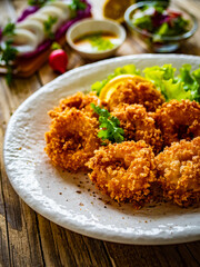 Fried breaded calamari rings with lemon and lettuce on wooden table
