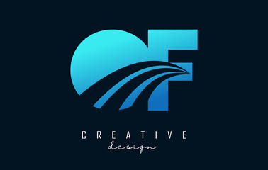 Creative blue letters OF o f logo with leading lines and road concept design. Letters with geometric design.