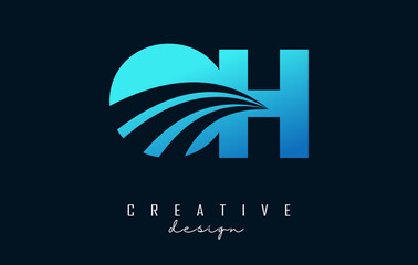 Creative blue letters OH o h logo with leading lines and road concept design. Letters with geometric design.