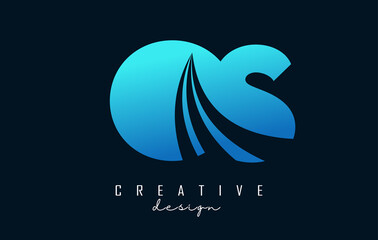 Creative blue letters OS o s logo with leading lines and road concept design. Letters with geometric design.