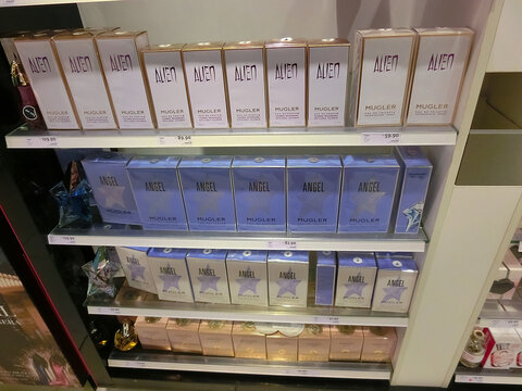 Thierry Mugler Alien, Angel perfume on display for sale in Frankfurt am Main, Germany