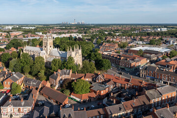 Obraz premium Aerial view of Selby cityscape skyline in North Yorkshire 