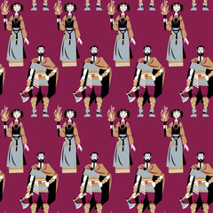 Vikings. Girl with a torch and warrior with a battle axe wearing traditional clothes. Vector illustration. Seamless background pattern