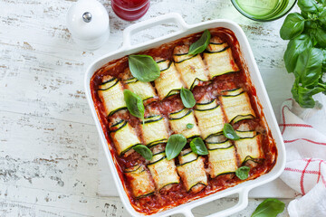 lasagna zucchini rolls with tomato sauce - obrazy, fototapety, plakaty