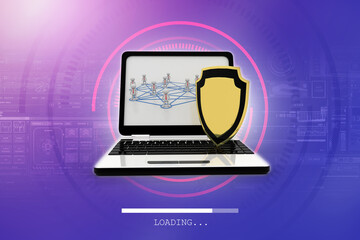 laptop with shield. Isolated 3d rendering image