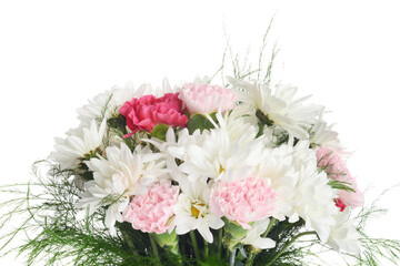 close up bouquet of white daisies and pink carnations with ferns