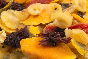 Mix of dried exotic fruit, mangos,slices of pineapples, passion fruit, papaya.