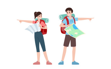 Group of young tourist characters. Traveling tourists with travel backpack going on vacation trip after covid-19 virus was diminish. Vacation people isolated vector. Summer character, woman and man.