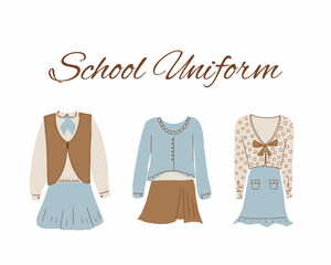 School uniform. Clothes for schoolchildren, students. Fashionable elegant monotonous clothes for students of educational institutions. A form for visiting schools, colleges, universities.