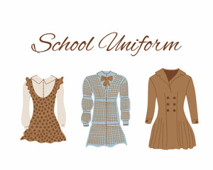 School uniform. Clothes for schoolchildren, students. Fashionable elegant monotonous clothes for students of educational institutions. A form for visiting schools, colleges, universities.