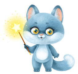 Cute cartoon fluffy gray kitten with magic wand in paw isolated on a white background