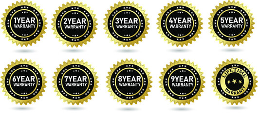 set of golden warranty logo, Vector golden warranty 1,2,3,4,5,6,7,8,9 years and life time, logo design. vector illustration badge