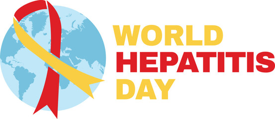 World Hepatitis Day July 28 banner or poster design. Red yellow awareness ribbon and text.
