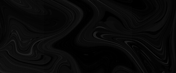 Black marble oil ink liquid swirl texture for do ceramic counter dark abstract light background, Black Oil or Petrol liquid flow, liquid metal close-up, wide horizontal banner. 3d illustration.