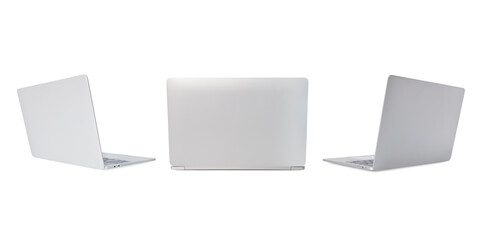 Rear view of three silver Laptop in angled position. mockup isolated on white background, mockup template