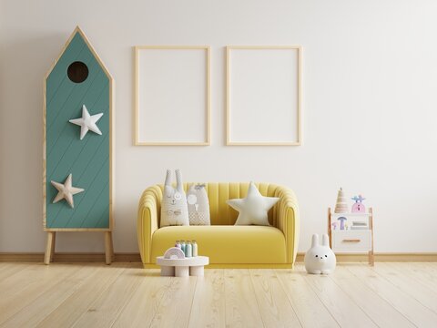 Empty frame mockup frame poster in the children's room with yellow sofa.