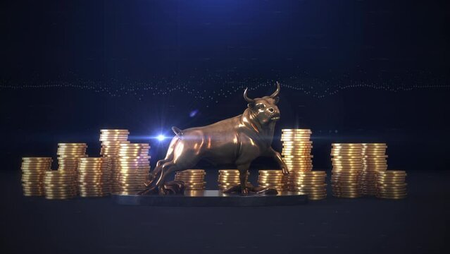 Golden Bull business idea concept with golden stacking coin in background with lighting flare.
3D animation. 4K.