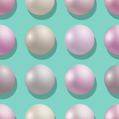 Set of realistic 3d pearls with shadows isolated on green background. Vector seamless pattern of pearls. 3D pink, silver and white beads. Celebratory Design, Wedding theme. Jewelry background, texture