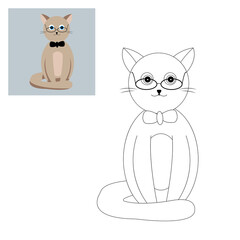 Beige Siamese cat intellectual with glasses and bow tie children's coloring book