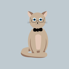 Beige Siamese cat intellectual with glasses and bow tie