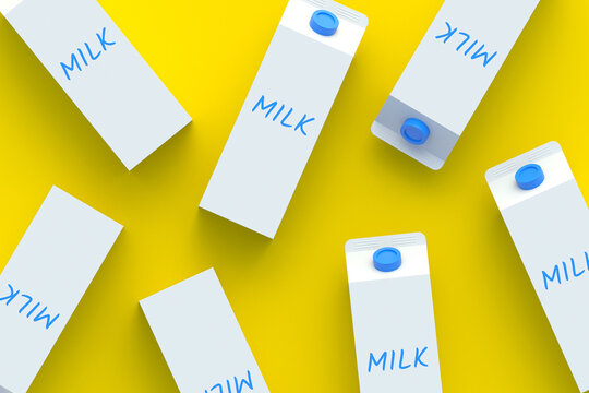 Strewn packaging of milk. Dairy beverage. Healthy drink. Top view. 3d render