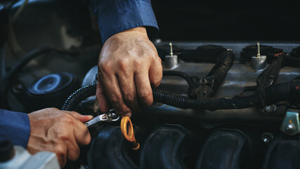 Auto mechanic, standard auto repair service center, machine mechanic, auto maintenance engineer Concept of car repair service center banner by skilled technicians.