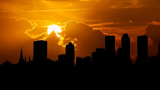 Tulsa Downtown Skyline,Time Lapse at Sunset with Red Sun and Fiery Sky, Oklahoma, USA