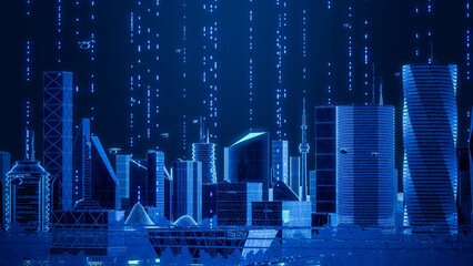 Futuristic City Concept. Wide Shot of Digitally Generated Modern Urban Megapolis with Rendered Skyscrapers Showing Global Big Data Connections, Information Flow and Artificial Intelligence Technology.