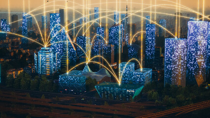 Futuristic City Concept. Wide Shot of Digitally Generated Modern Megapolis at Sunset with Rendered Skyscrapers Showing Global Big Data Connections, Information Flow, Artificial Intelligence Technology