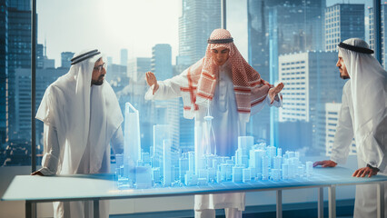 Group of Muslim Real Estate Business Developers in Traditional Clothes Discuss Investing...