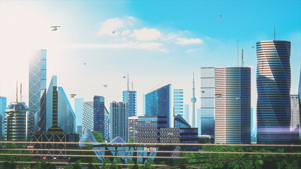 Fototapeta na wymiar Futuristic City Concept. Wide Shot of an Digitally Generated Modern Urban Megapolis with Rendered Skyscrapers, Cozy Park, Flying Vehicles. Daytime Cityscape Scenery of Financial District.