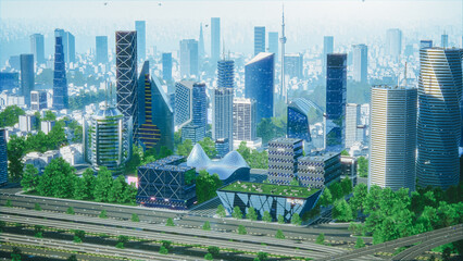 Futuristic City Concept. Wide Shot of an Digitally Generated Urban Megapolis with Creative Skyscrapers with Banks, Offices, Hotels, Autonomous Flying Drones, Highway with Cars and Clear Blue Sky.