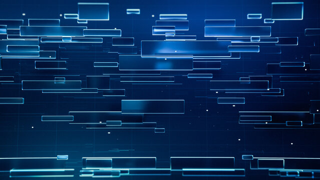 Fototapeta Digital 3D Design With Rectangular Abstract Texture Shapes in Shiny Dark Blue Color for Use as Wallpaper or Background in Videos, News Reports, Loading Screens. Futuristic Screensaver for Devices.