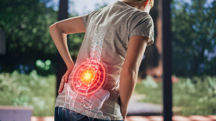 VFX Back Pain Augmented Reality Render. Close Up of a Female Experiencing Discomfort in a Result of Spine Trauma or Arthritis. Massaging and Stretching the Back to Ease the Injury. - obrazy, fototapety, plakaty