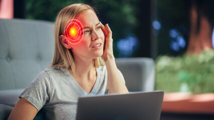 VFX Headache Render: Close Up of a Female Working on Laptop Computer and Experiencing Discomfort and Migraine. Sudden Serious Pain Showed with Augmented Reality Digital Graphic.