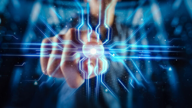 Digitalization Concept: Human Finger Pushes Touch Screen Button and Activates Futuristic Artificial Intelligence Interface. Visualization of Machine Learning, Computer Technology Merge with Humanity.